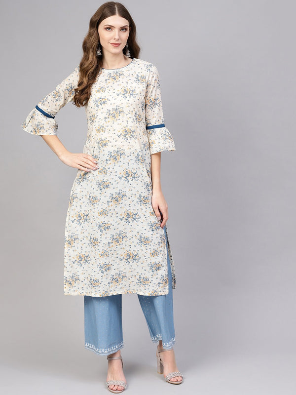 White & Blue floral printed Straight Kurta with Round neck & flared sleeves | NOZ2TOZ - Made In INDIA.