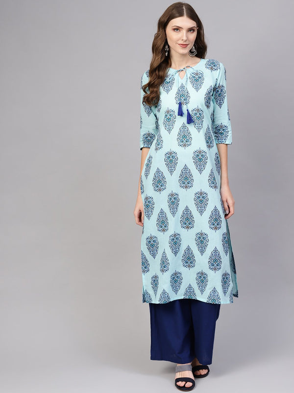 Women Blue Printed Straight Kurta | NOZ2TOZ - Made In INDIA.