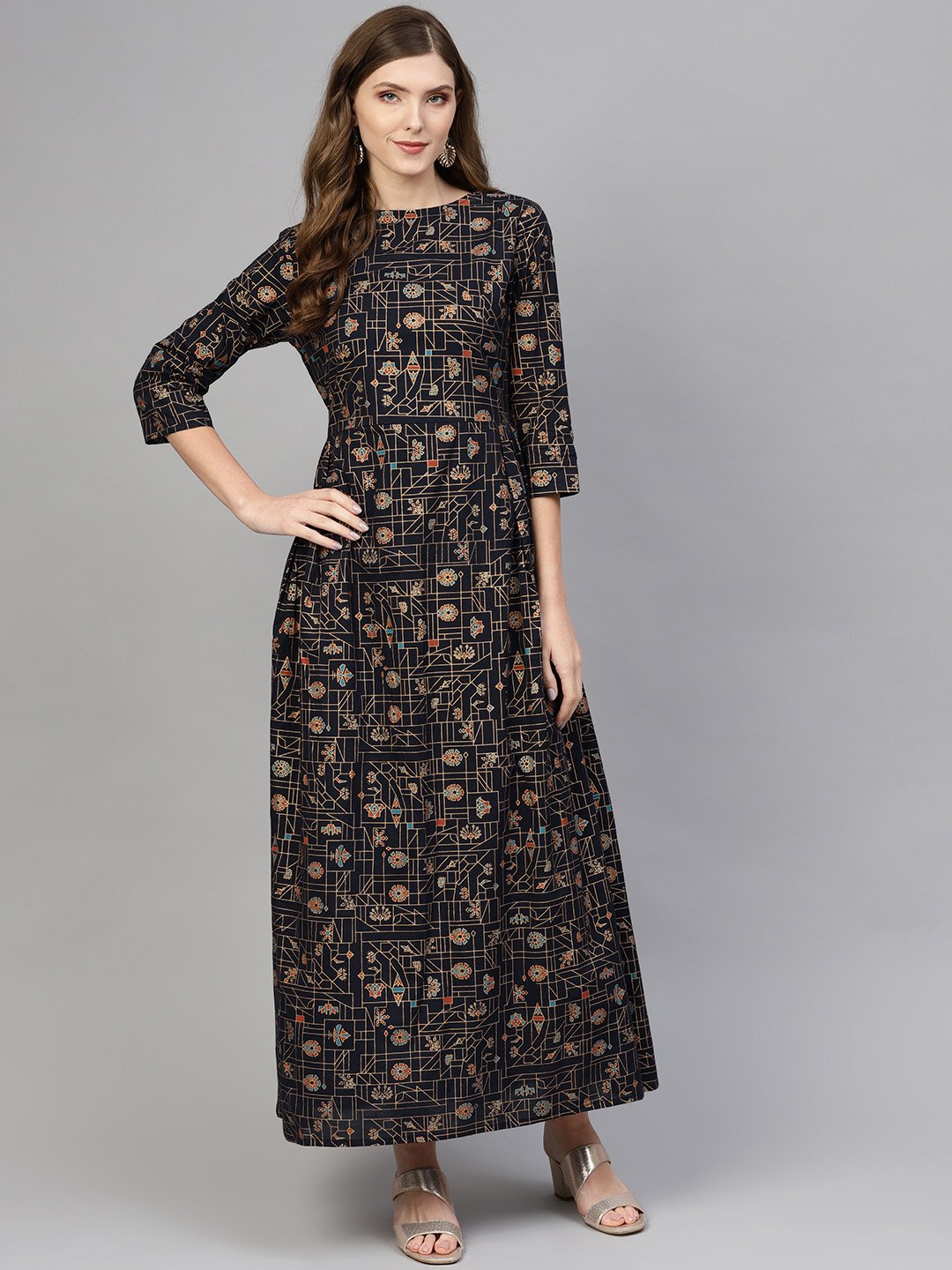 Women Navy Blue & Golden Printed Maxi Dress | NOZ2TOZ - Made In INDIA.