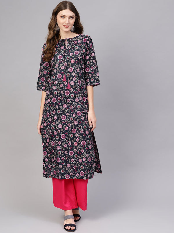 Women Navy Blue & Pink Printed Cotton Straight Kurta | NOZ2TOZ - Made In INDIA.