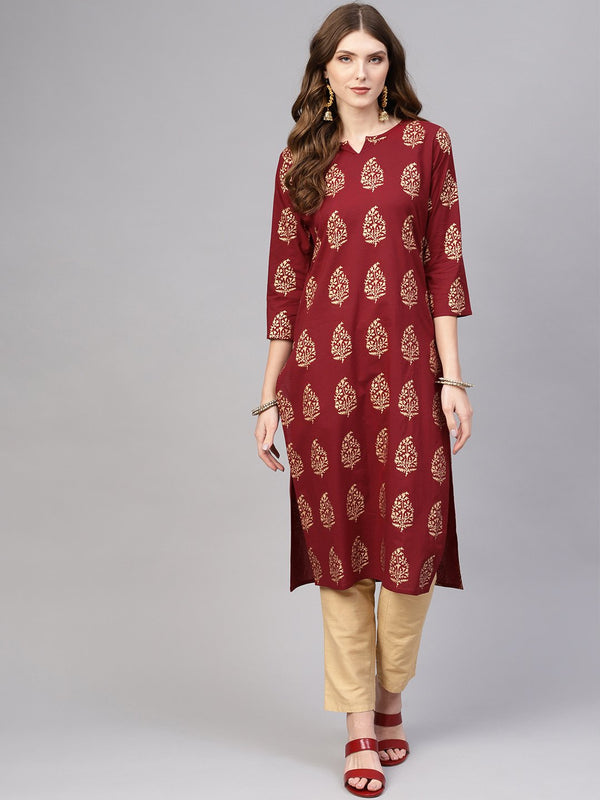 Women Maroon & Golden Printed Straight Kurta | NOZ2TOZ - Made In INDIA.