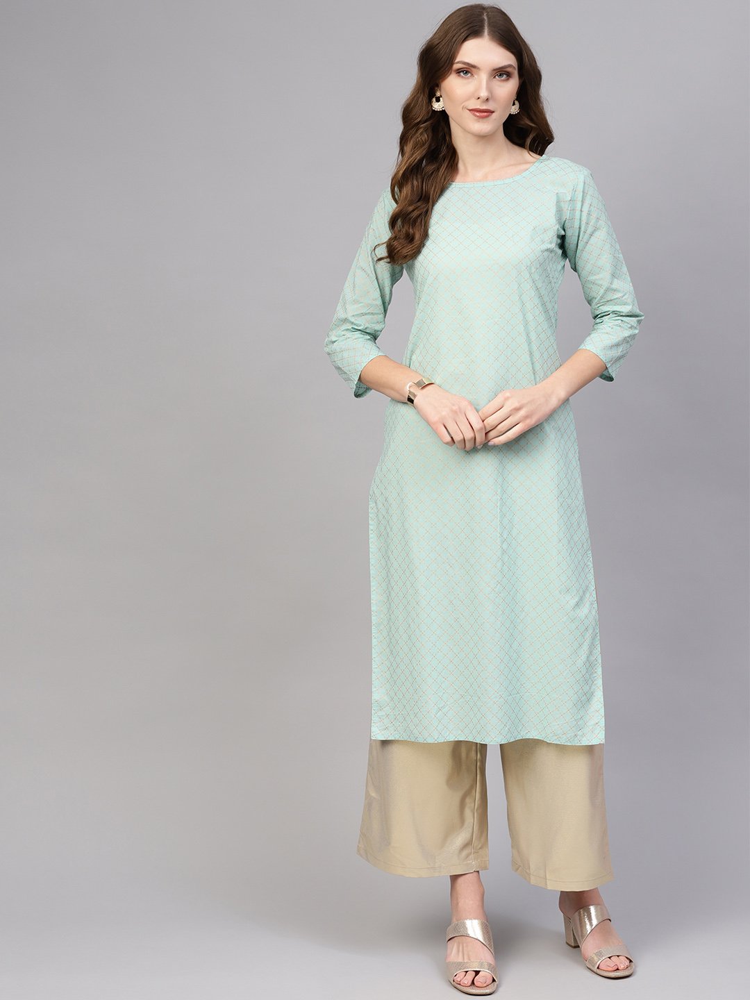 Women Sea Green & Golden Checked Straight Kurta | NOZ2TOZ - Made In INDIA.