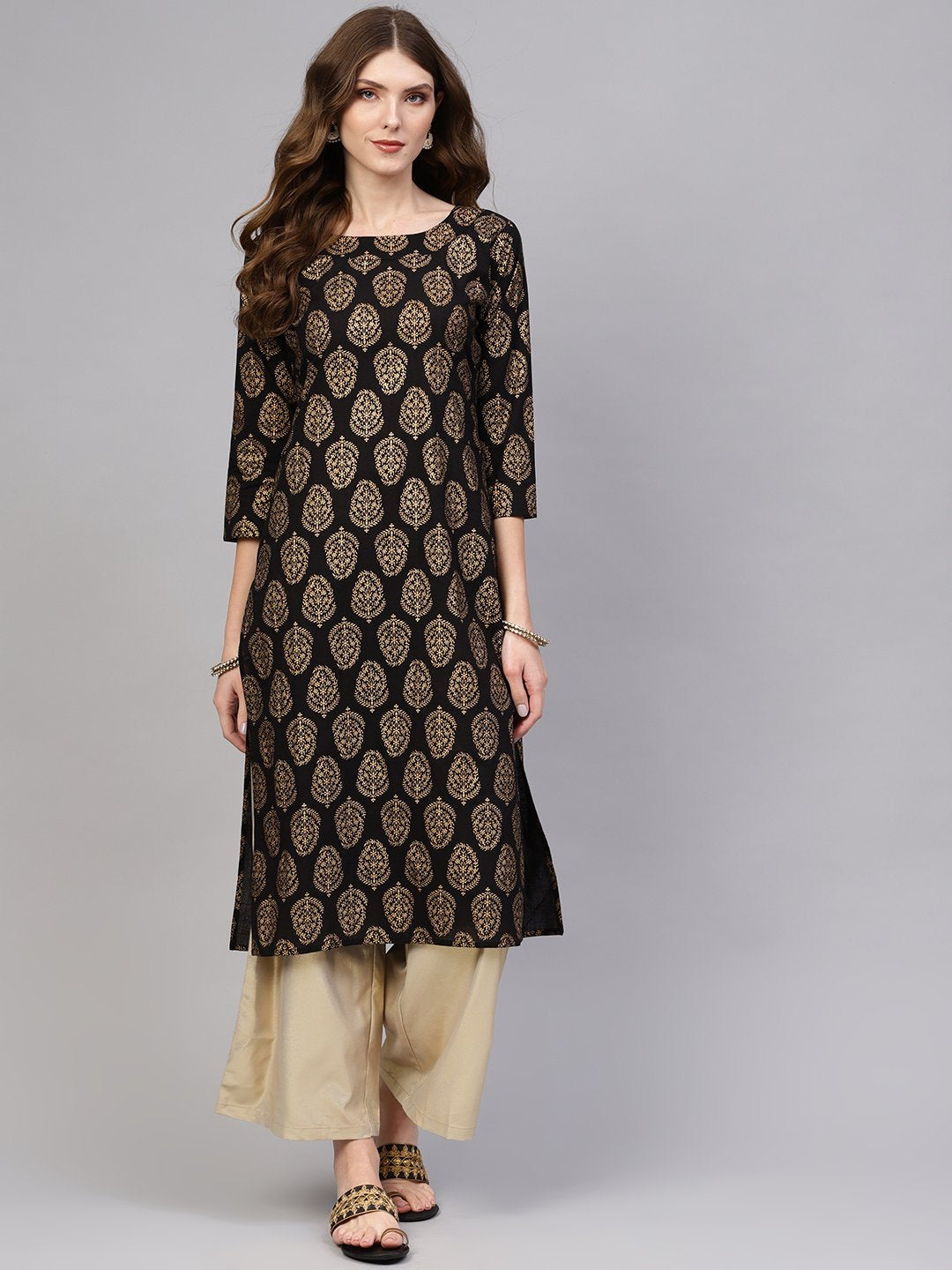 Women Black & Golden Printed Straight Kurta | NOZ2TOZ - Made In INDIA.