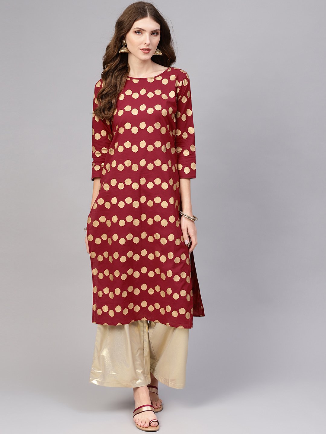 Women Maroon & Golden Printed Straight Kurta | NOZ2TOZ - Made In INDIA.