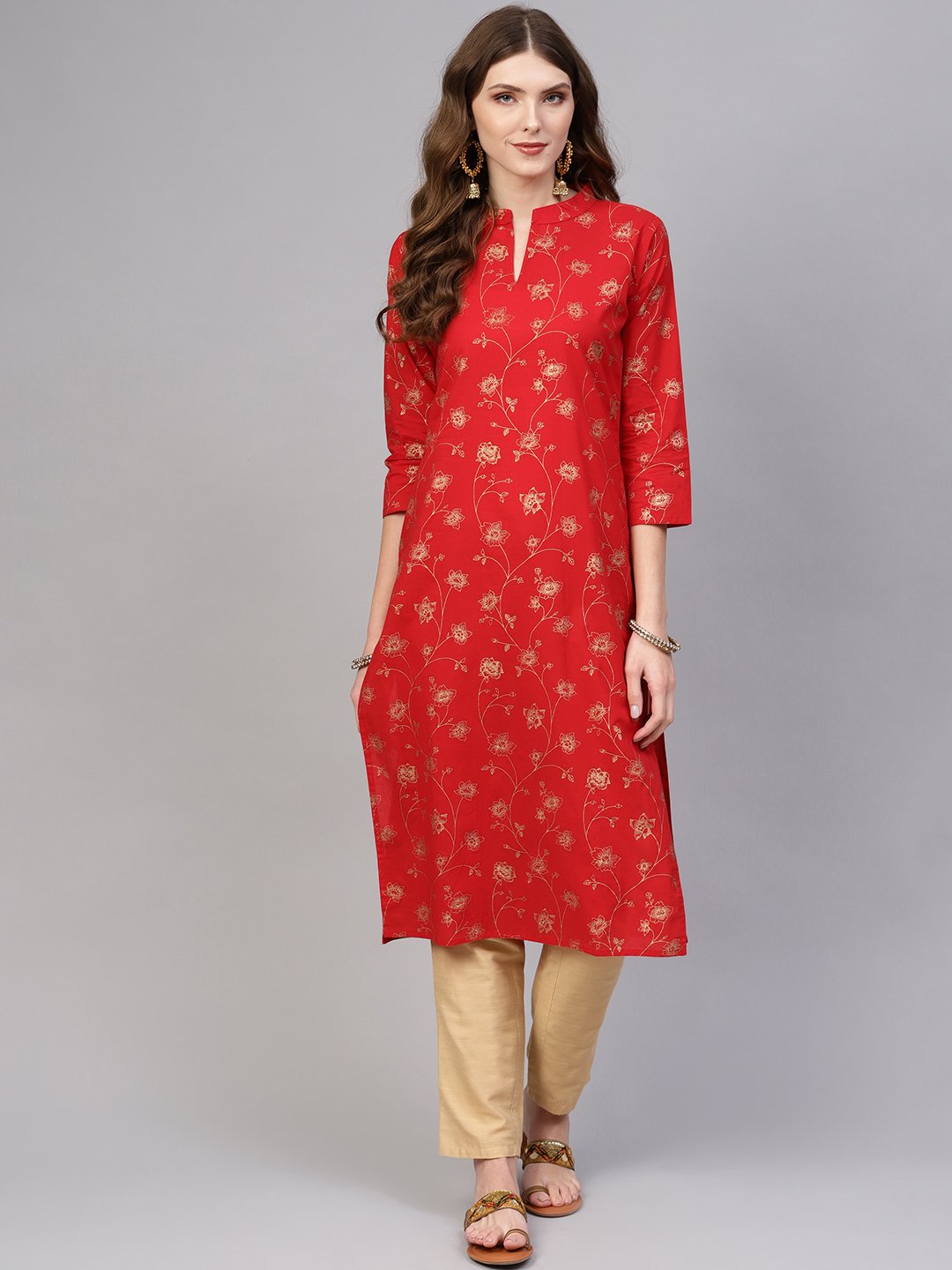 Women Red & Golden Printed Cotton Straight Kurta | NOZ2TOZ - Made In INDIA.