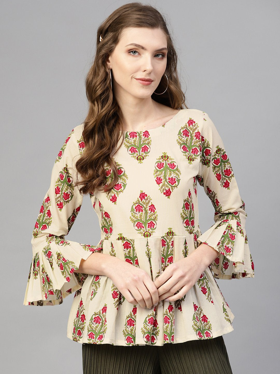 Cream Multi colored floral printed top with Round & 3/4 sleeves | NOZ2TOZ - Made In INDIA.