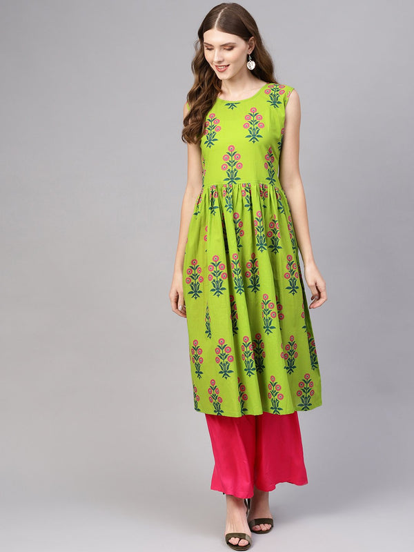 Women Green & Pink Printed Cotton A-Line Kurta | NOZ2TOZ - Made In INDIA.