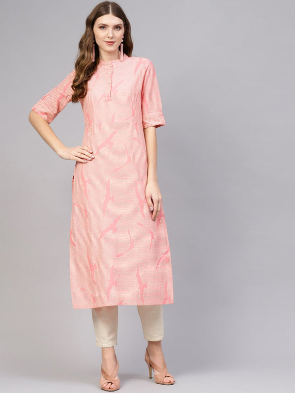 Women Pink & Off-White Striped Cotton Straight Kurta | NOZ2TOZ - Made In INDIA.