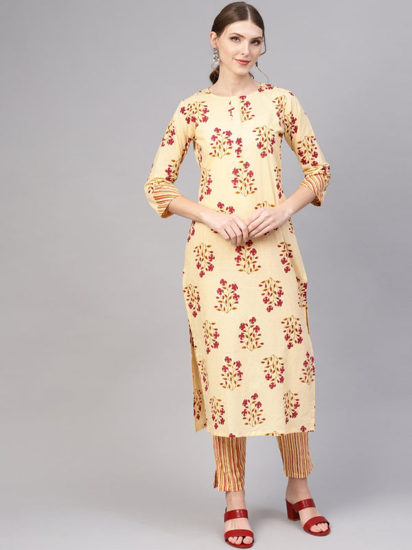 Cream & pink Printed Straight kurta with Striped pants | NOZ2TOZ - Made In INDIA.