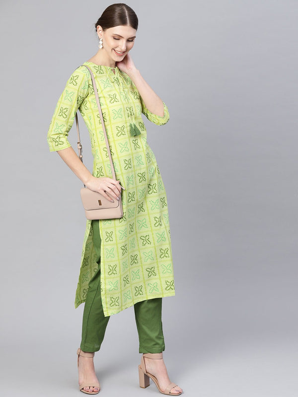 Women Green Bandhani Printed Kurta with Trousers | NOZ2TOZ - Made In INDIA.