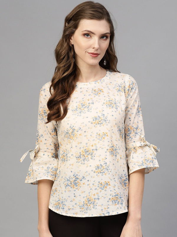 White & Blue Floral printed Top with Round Neck & flared Sleeves | NOZ2TOZ - Made In INDIA.