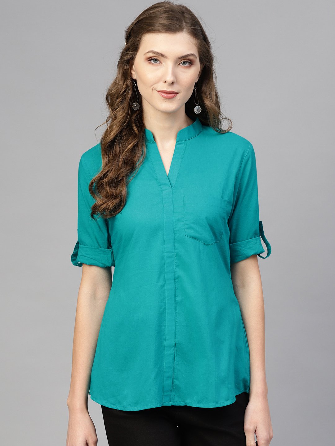 Women Blue Solid Shirt Style Top | NOZ2TOZ - Made In INDIA.