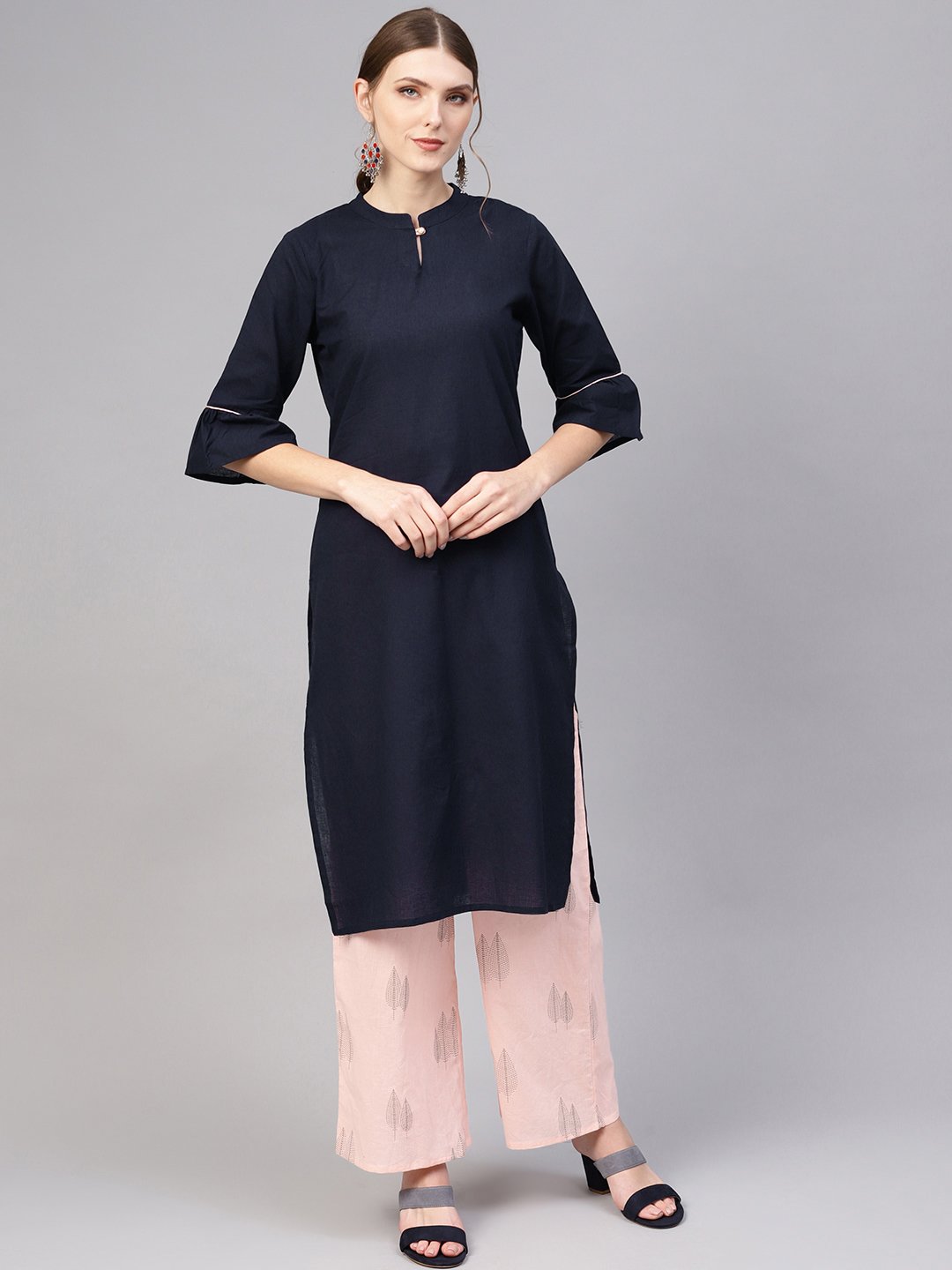 Women Navy Blue & Peach-Coloured Solid Kurta with Palazzos | NOZ2TOZ - Made In INDIA.