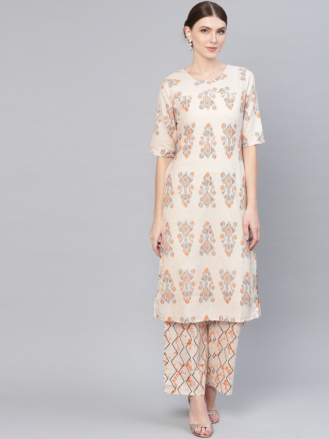 Women Off-White & Orange Printed Kurta with Palazzos | NOZ2TOZ - Made In INDIA.