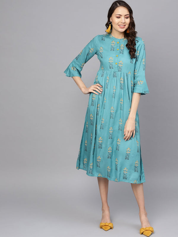 Women Blue Printed A-Line Dress | NOZ2TOZ - Made In INDIA.