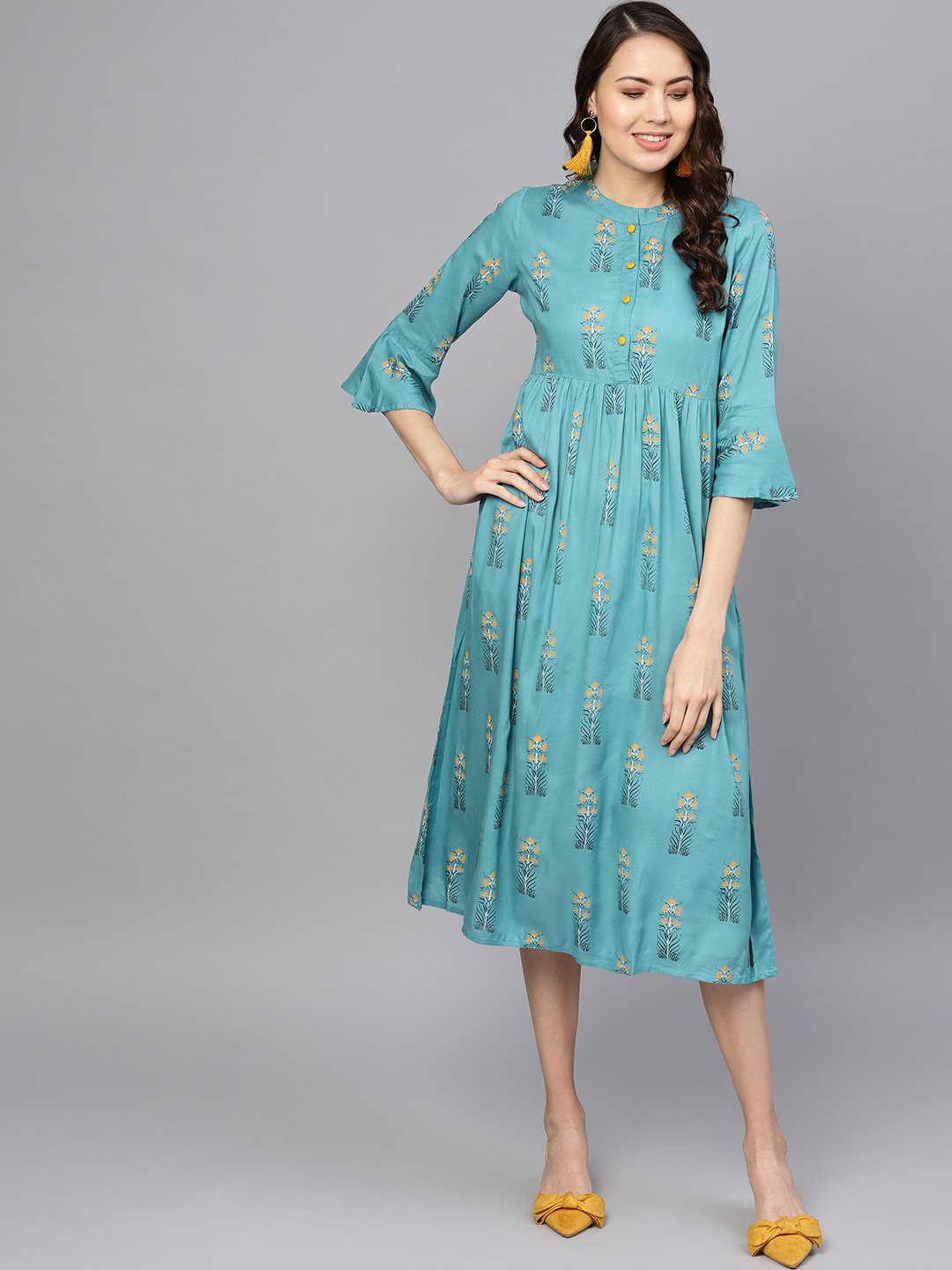 Blue Printed maxi dress with Mandarin Collar & flared sleeves | NOZ2TOZ - Made In INDIA.