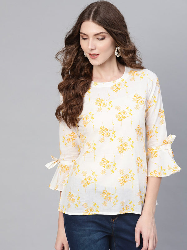 Women Off-White & Yellow Printed Top | NOZ2TOZ - Made In INDIA.