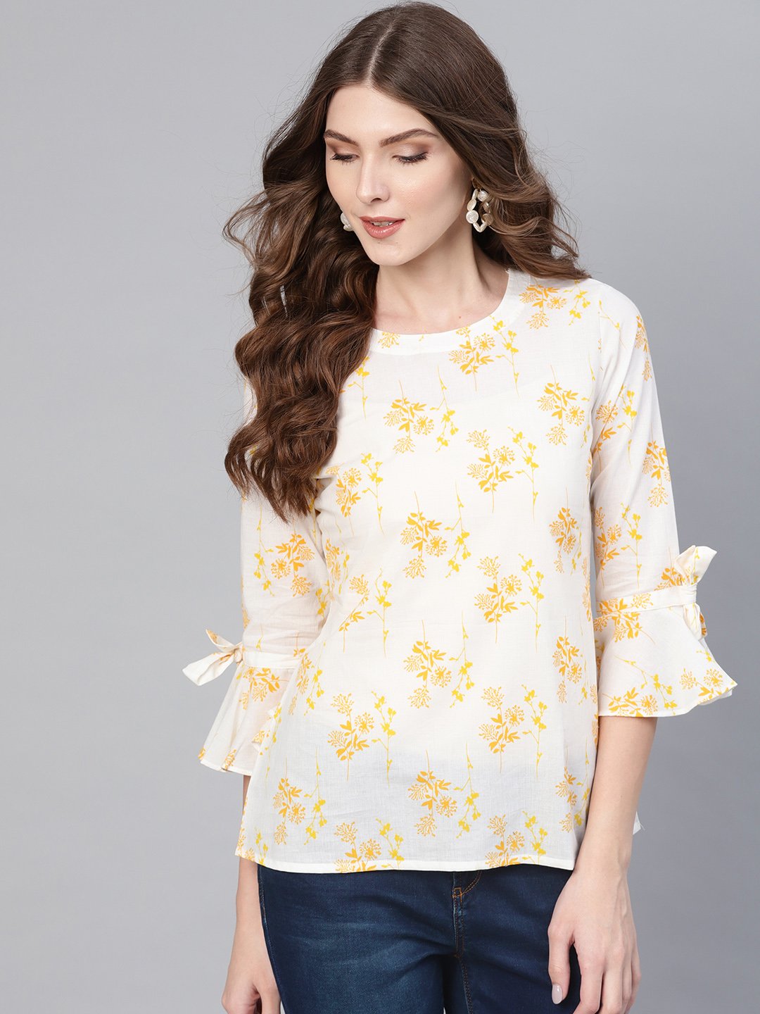 White & yellow Floral Printed Top with Round Neck & Flared sleeves | NOZ2TOZ - Made In INDIA.