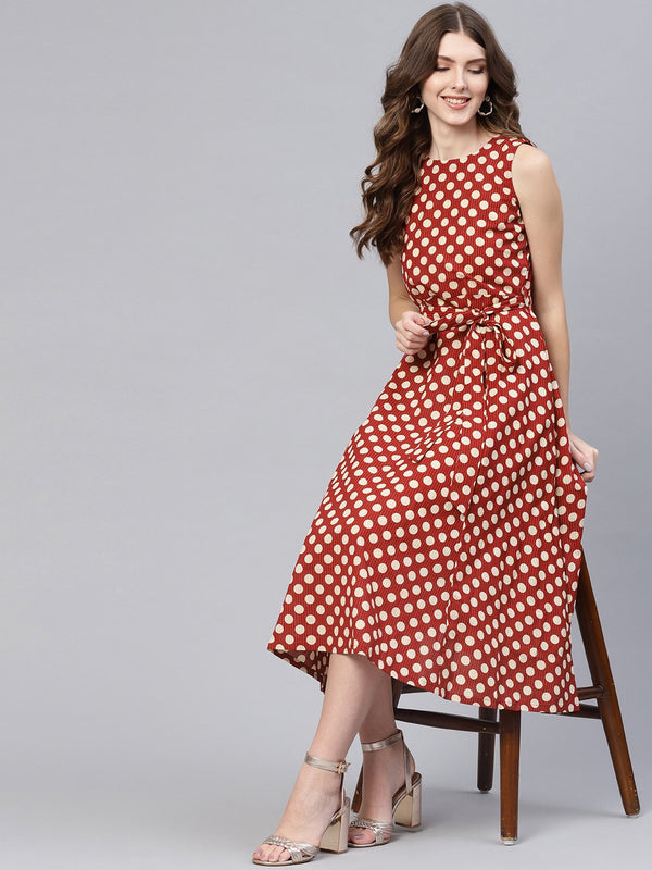 Maroon & Beige Polka Dots Dress with Round neck & Detachable belt | NOZ2TOZ - Made In INDIA.