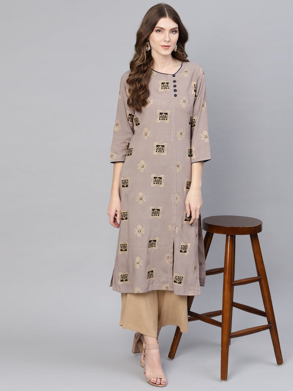 Women Taupe & Golden Printed Straight Kurta | NOZ2TOZ - Made In INDIA.