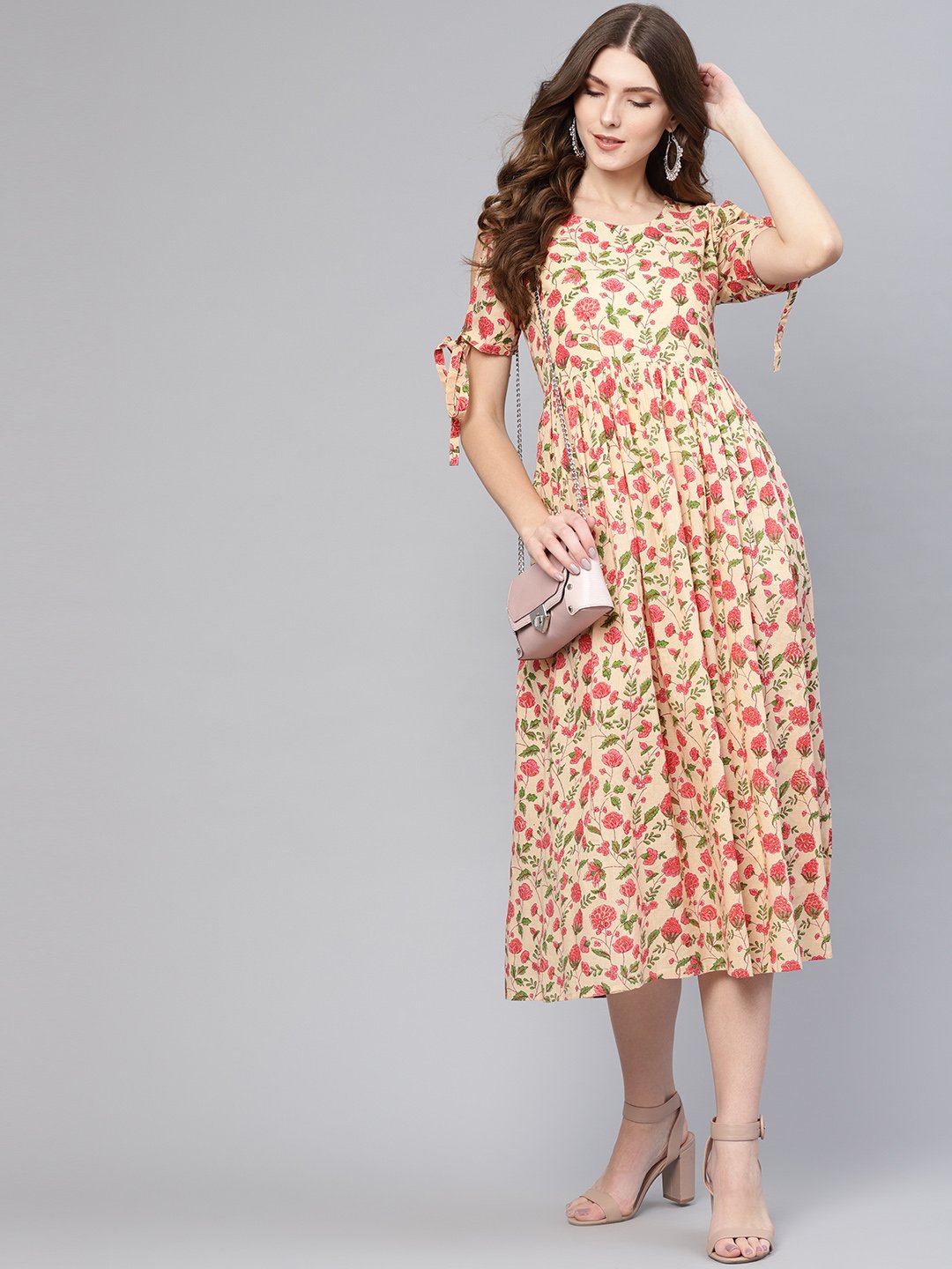 Women Beige & Pink Printed A-Line Dress | NOZ2TOZ - Made In INDIA.