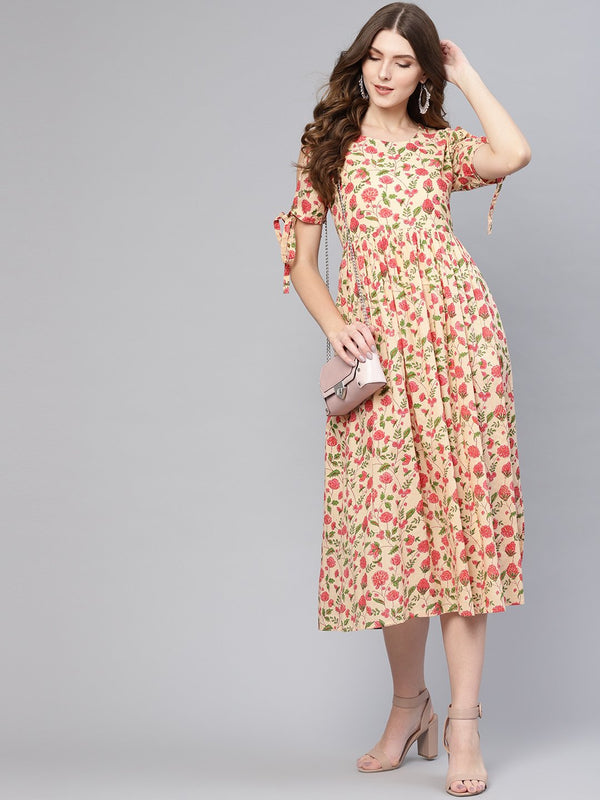 Women Beige & Pink Printed A-Line Dress | NOZ2TOZ - Made In INDIA.