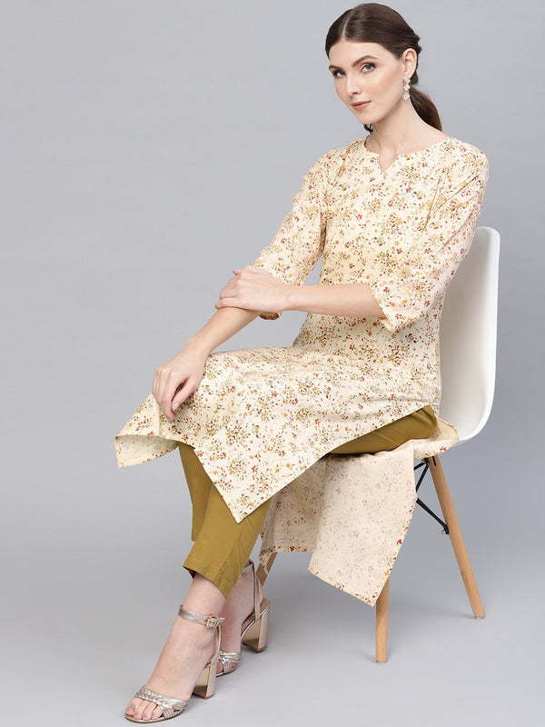 Women Cream-Coloured & Olive Green Printed Kurta with Trousers | NOZ2TOZ - Made In INDIA.