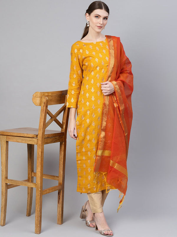 Yellow Ochre Gold floral printed Straight Kurta Set & Solid light beige straight Pants with Orange Chandri dupatta | NOZ2TOZ - Made In INDIA.