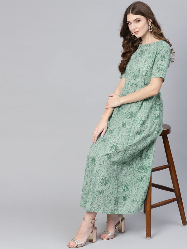 Green Floral printed maxi Dress with Elbow Sleeves  & boat neck | NOZ2TOZ - Made In INDIA.