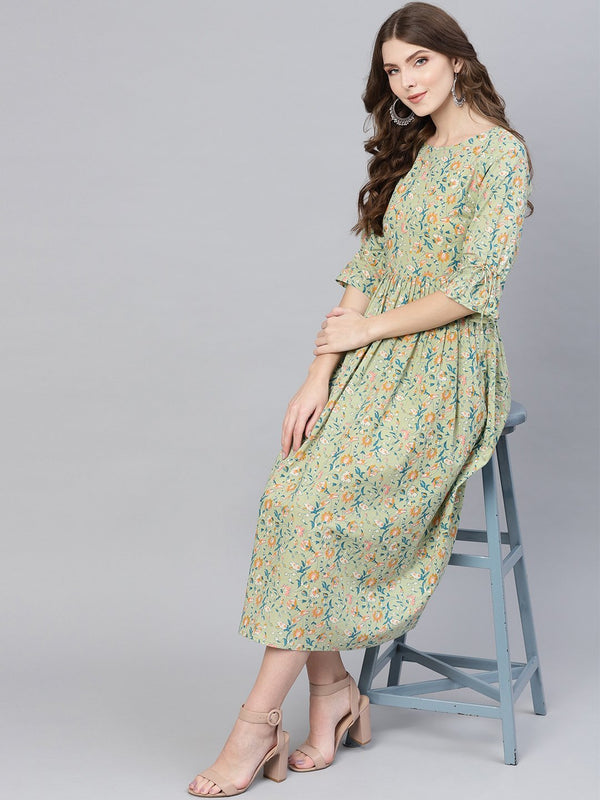 Women Sea Green & Blue Printed A-Line Dress | NOZ2TOZ - Made In INDIA.