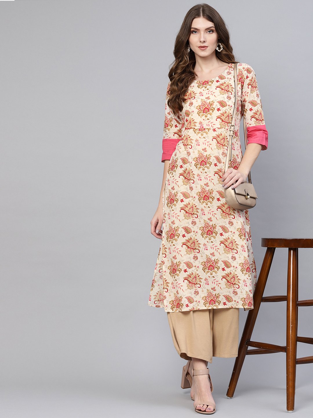 Women Cream-Coloured & Pink Printed Straight Kurta | NOZ2TOZ - Made In INDIA.