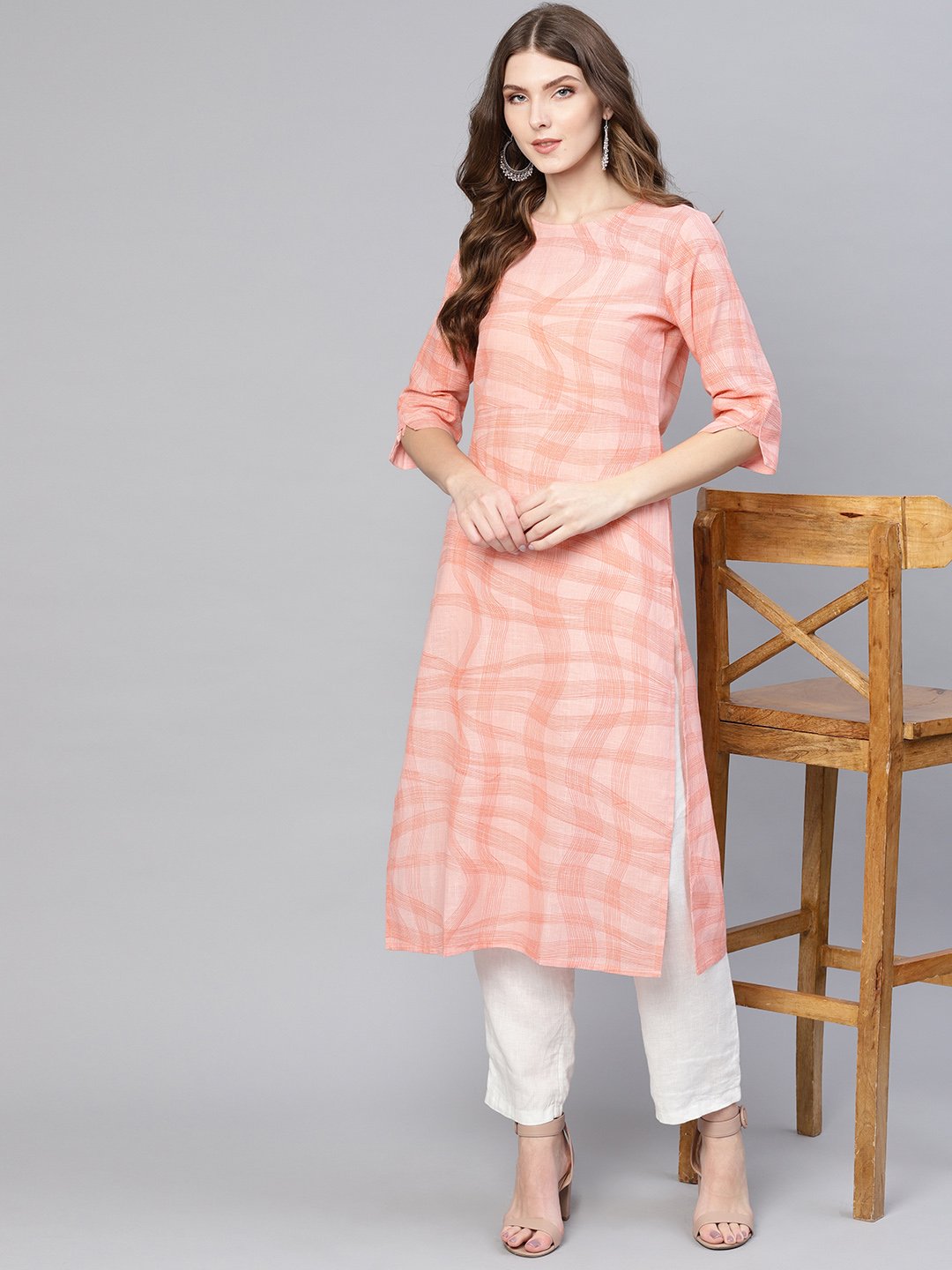 Women Peach-Coloured Printed Straight Kurta | NOZ2TOZ - Made In INDIA.