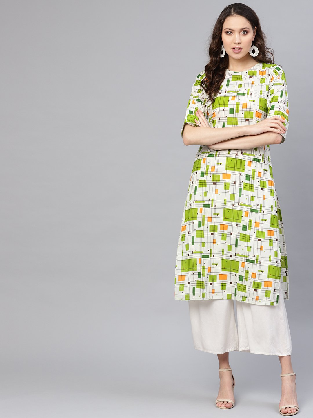 Women Off-White & Green Printed Straight Kurta | NOZ2TOZ - Made In INDIA.