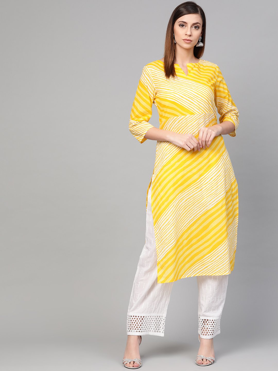 Yellow and white leheriya printed boat neck with V-slit and 3/4th bell sleeves staright kurta | NOZ2TOZ - Made In INDIA.