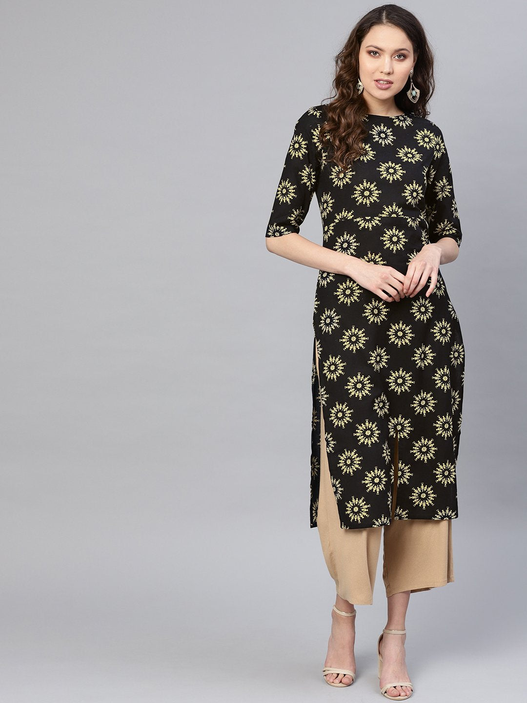 Women Black & Cream Printed Straight Kurta | NOZ2TOZ - Made In INDIA.