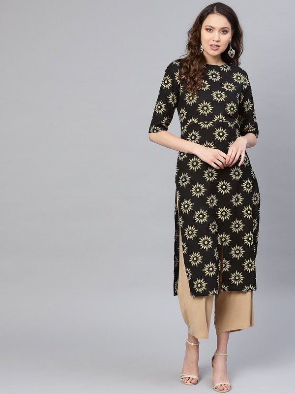 Black warli printed 3/4th sleeves boat neck multi slit straight kurta. | NOZ2TOZ - Made In INDIA.