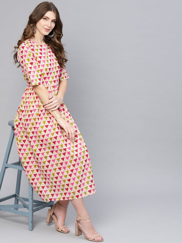 Women Cream-Coloured & Pink Printed A-Line Dress | NOZ2TOZ - Made In INDIA.