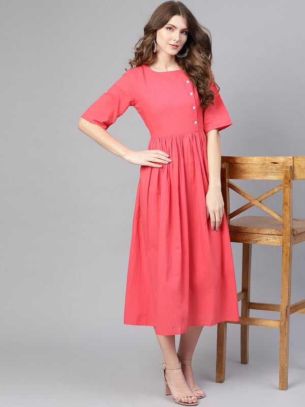 Coral Pink round neck elbow sleeves midi gathered dress | NOZ2TOZ - Made In INDIA.