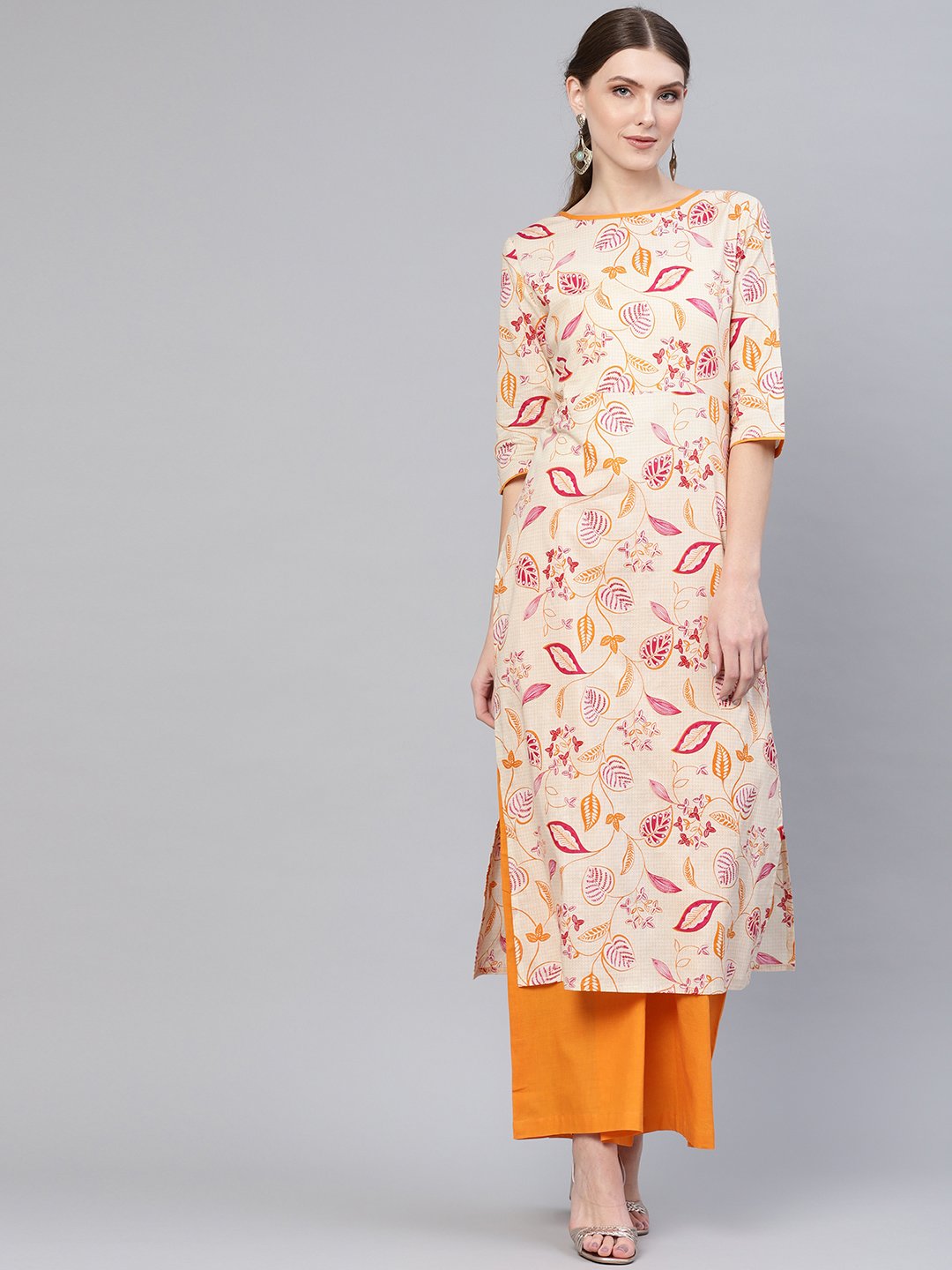 Women Cream-Coloured & Orange Printed Kurta with Palazzos | NOZ2TOZ - Made In INDIA.