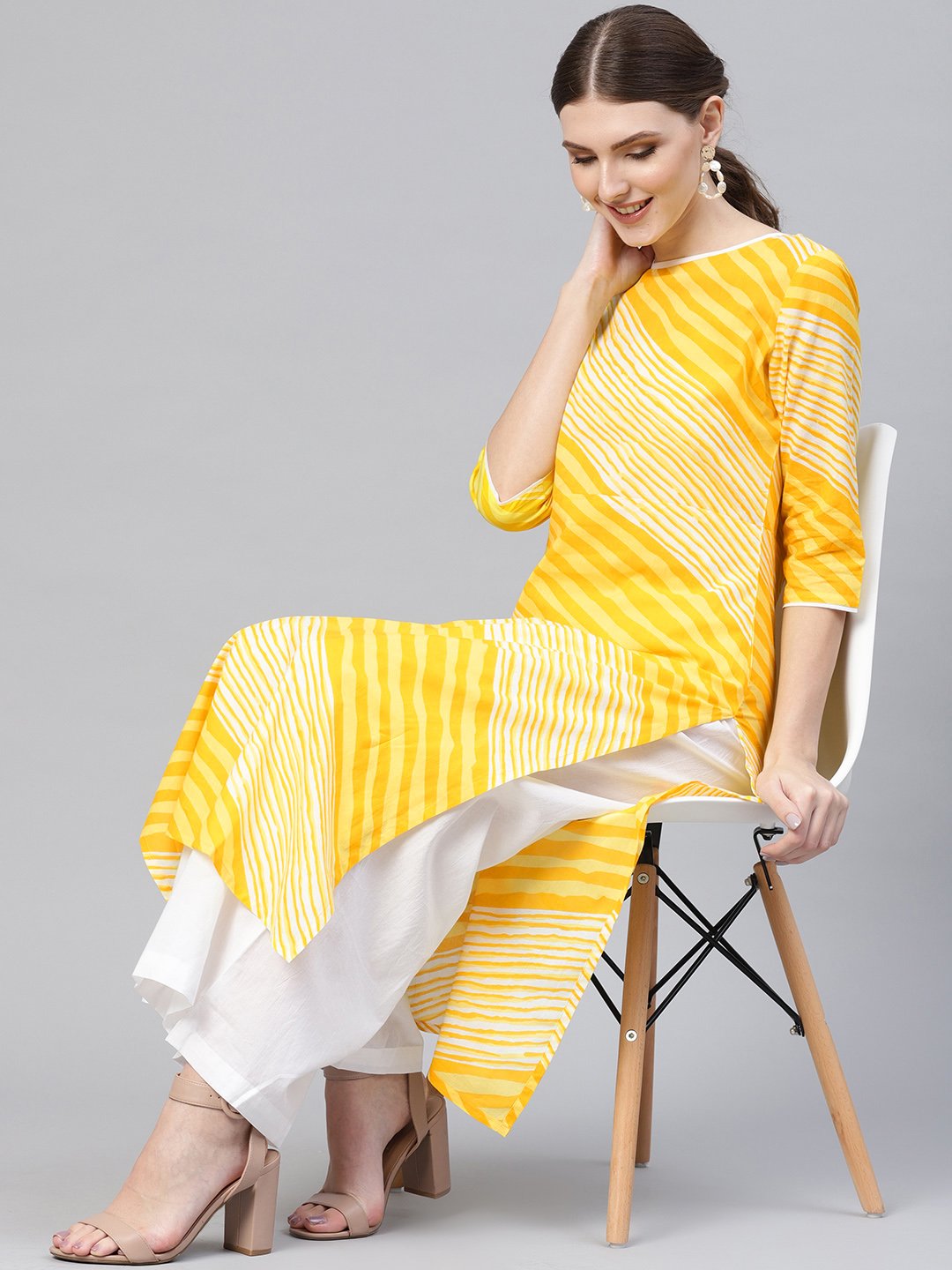 Yellow and white leheriya printed boat neck 3/4th sleeves straight kurta with palazzos | NOZ2TOZ - Made In INDIA.