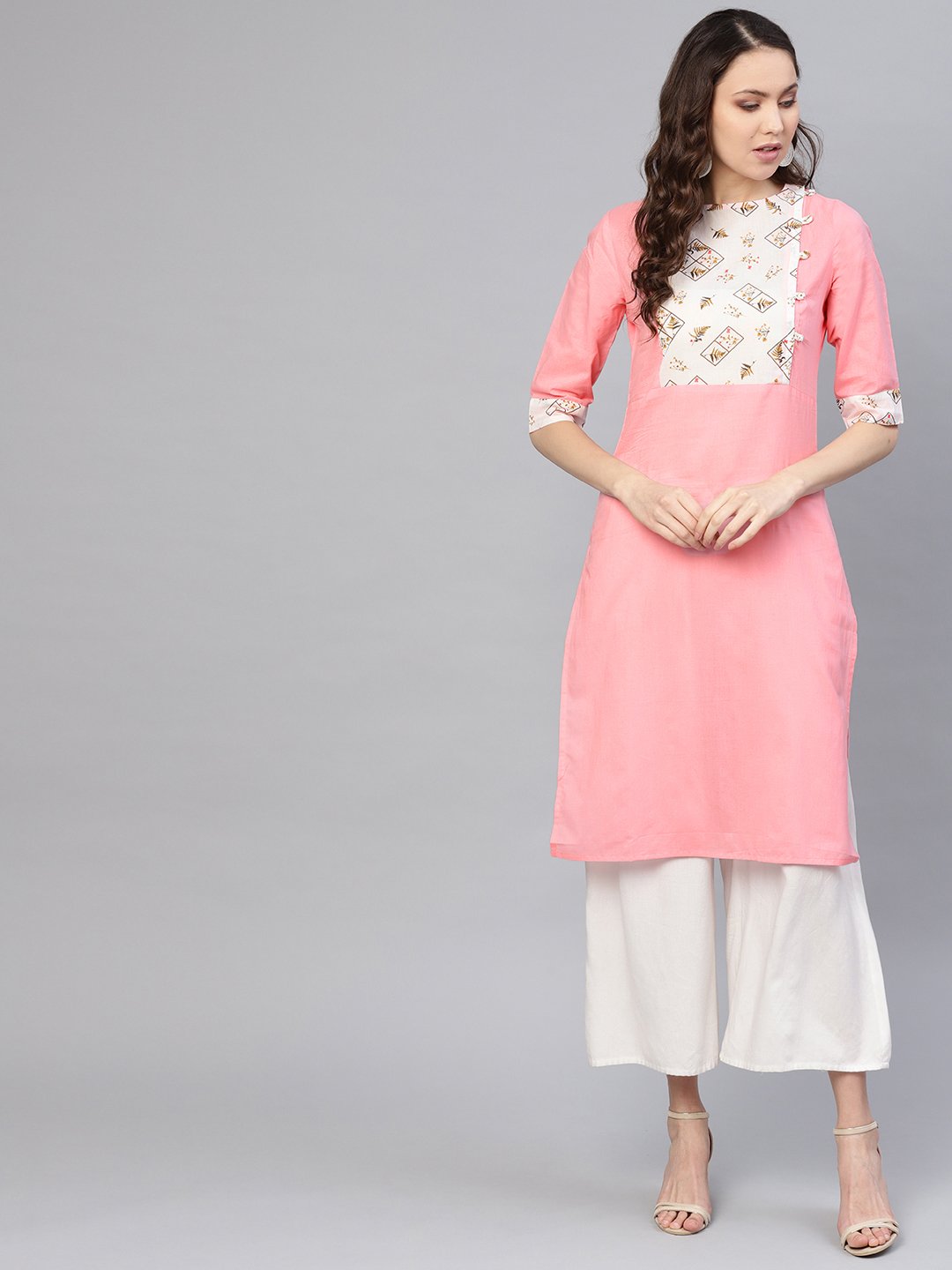 Women Pink & White Yoke Design Straight Kurta | NOZ2TOZ - Made In INDIA.