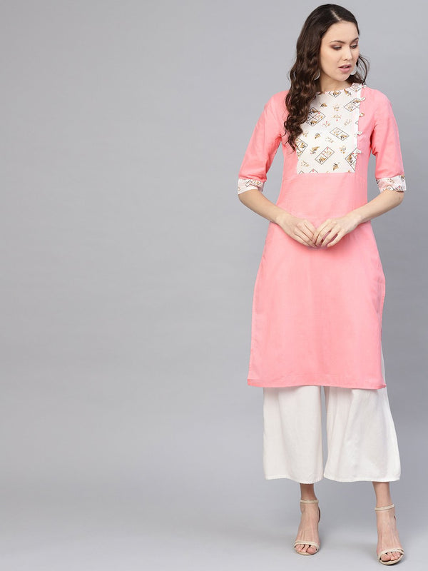 Women Pink & White Yoke Design Straight Kurta | NOZ2TOZ - Made In INDIA.