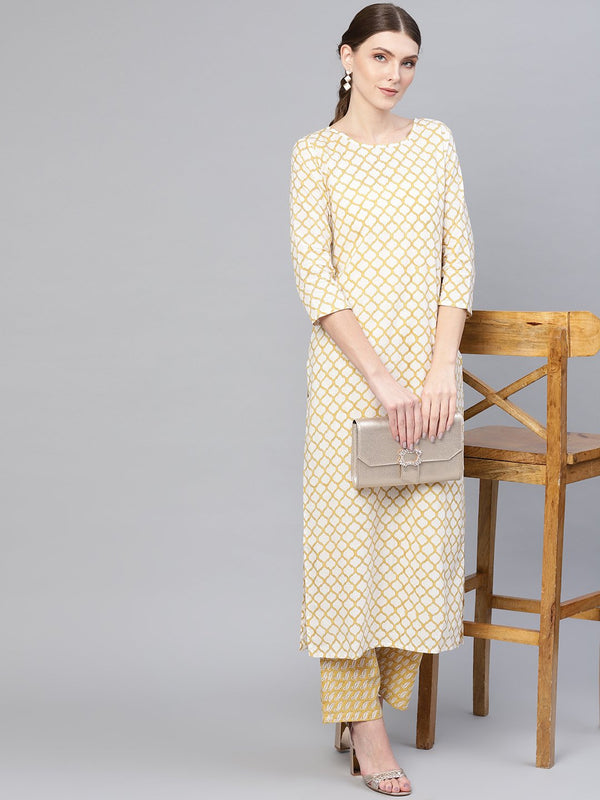 Women Off-White & Yellow Printed Kurta with Trousers | NOZ2TOZ - Made In INDIA.