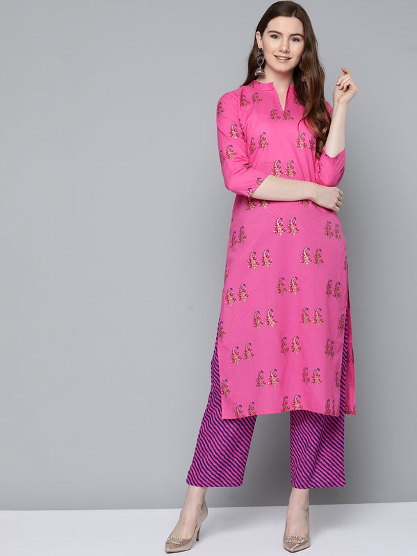 Women Floral Pink with gold printed chinese collared with 3/4th sleeves straight kurta with pink leheriya printed pants | NOZ2TOZ - Made In INDIA.