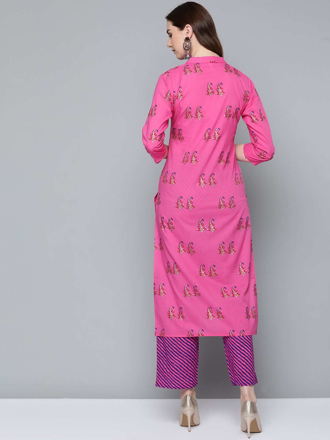 Women Floral Pink with gold printed chinese collared with 3/4th sleeves straight kurta with pink leheriya printed pants | NOZ2TOZ - Made In INDIA.