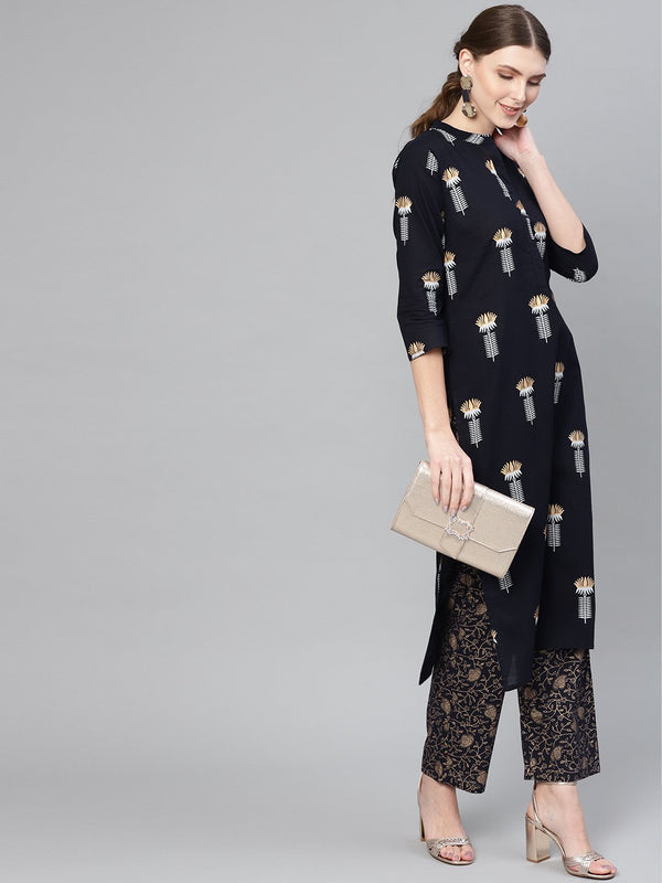 Women Navy Blue & Golden Printed Kurta with Trousers | NOZ2TOZ - Made In INDIA.