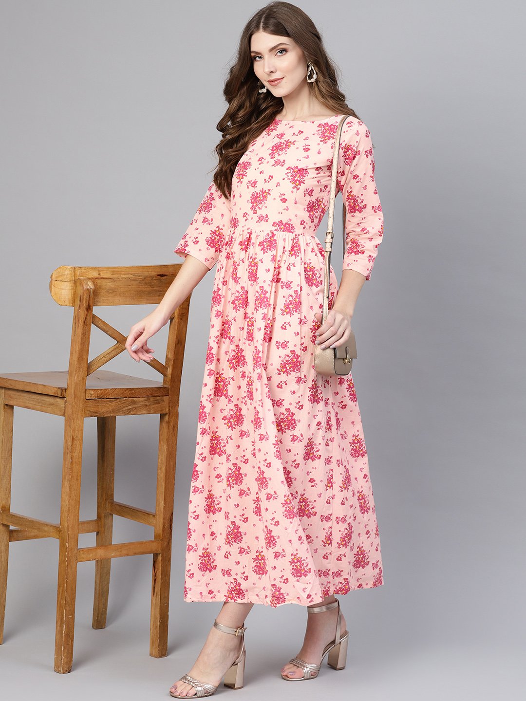 Floral printed pink round neck with 3/4th sleeves gathered maxi dress | NOZ2TOZ - Made In INDIA.