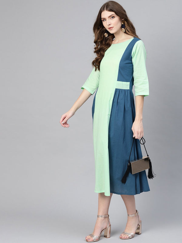 Solid teal blue and pastel pista green round neck with 3/4th sleeves color blocked dress | NOZ2TOZ - Made In INDIA.