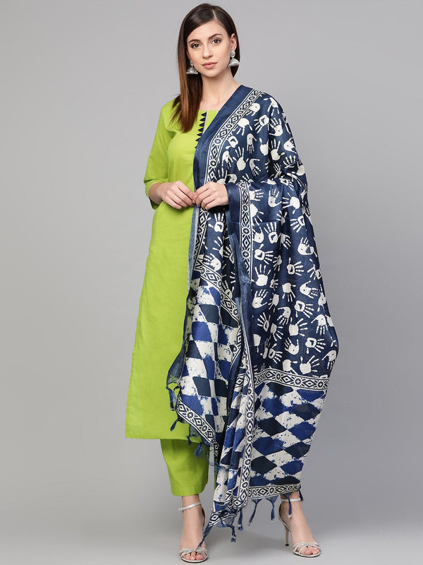 Solid green silver gota detailing straight kurta with triangled detailing on the yoke along with the solid green pants and quirky printed navy blue dupatta | NOZ2TOZ - Made In INDIA.