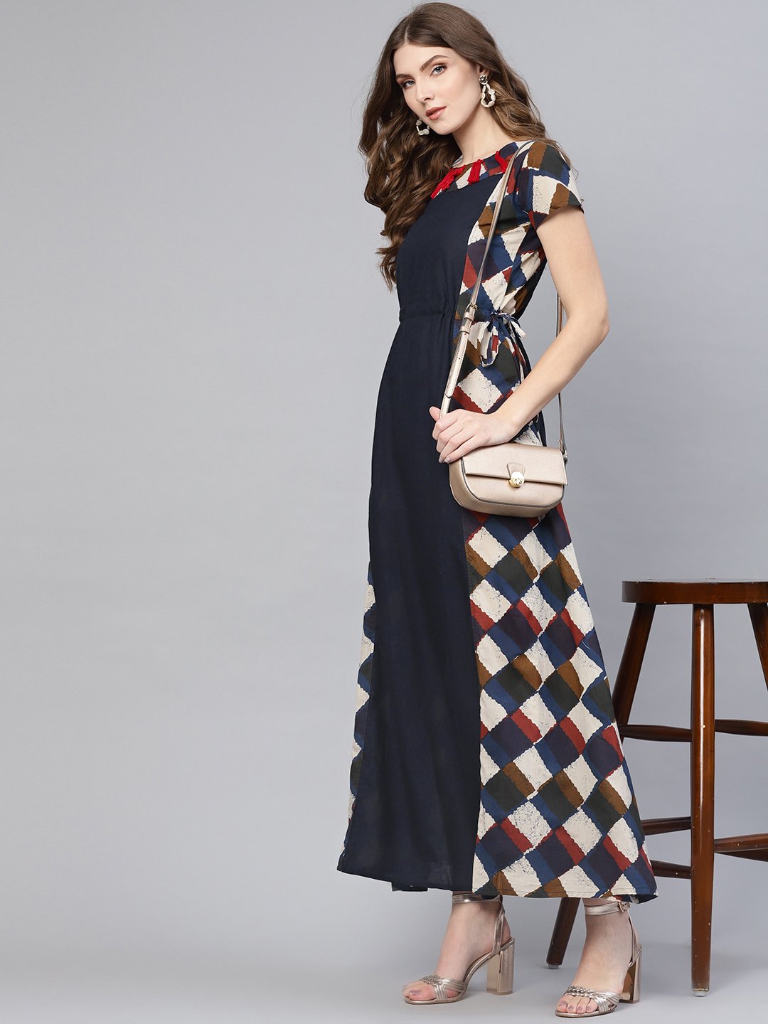 Women Navy Blue & Off-White Printed Maxi Dress | NOZ2TOZ - Made In INDIA.